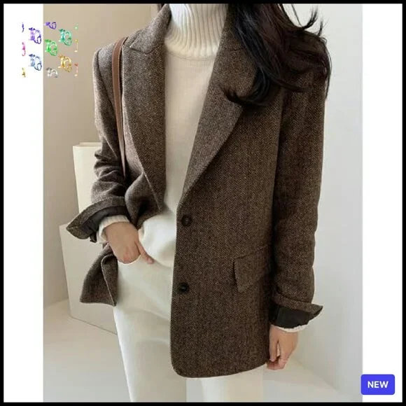 Herringbone Wool Blend Blazer Classic Elegant Work Business Chic Fall Winter - Picture 4 of 8